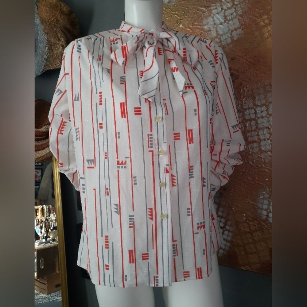 Vintage Abstract Geometric Print White Blouse with Red and Gray Stripes